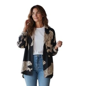 H&M Womens Black Cheetah Animal Print Satin Button Down Blouse Shirt Medium